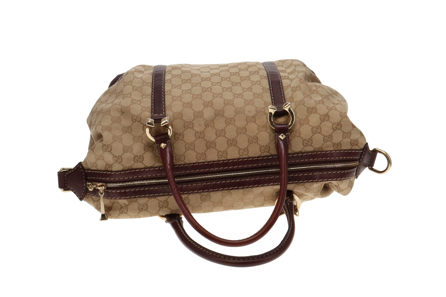 Gucci GG Canvas and Burgundy Leather Horsebit Nail Boston Bag