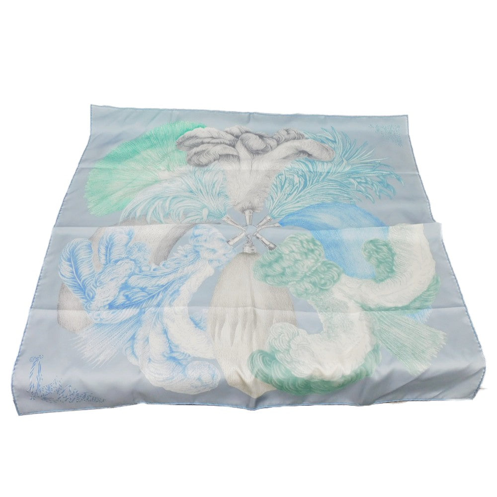 HERMES scarf silk Blue Grassier Plumets et Panaches Pastel Multicolor 22Stainless Steel Feathers and feather ornaments Carre 90 Women Used