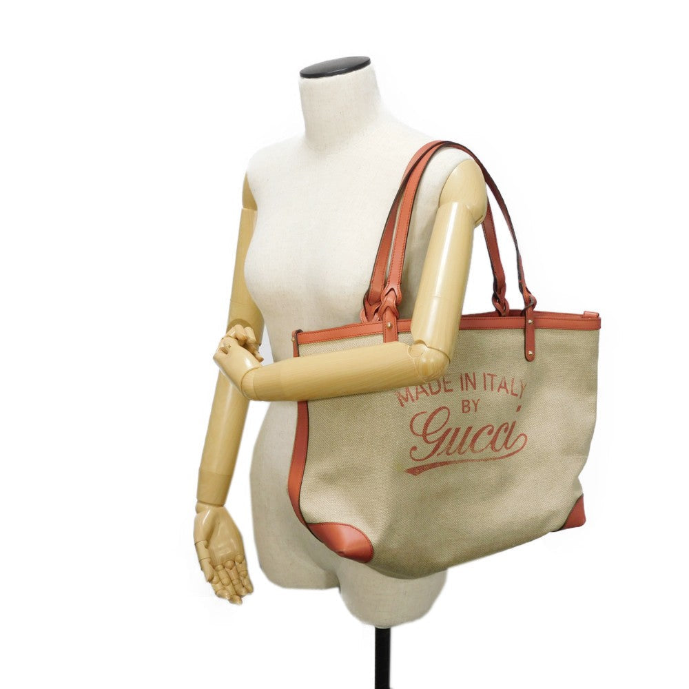 GUCCI Tote Bag 247209 linen natural Calfskin Terracotta Shoulder Bag logo Craft Medium Tote Women Used