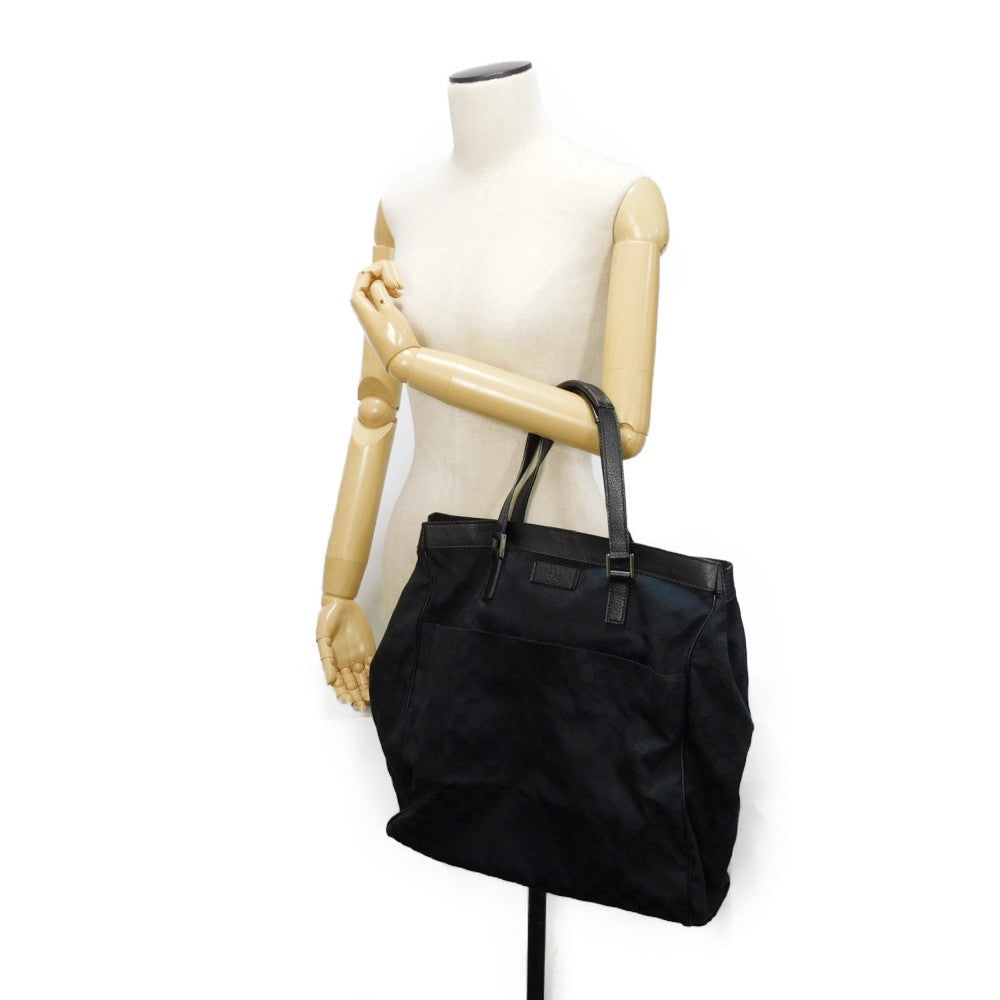 GUCCI Tote Bag 152601 GG canvas x calf leather black Calfskin logo embossed leather patch GG canvas tote mens Used