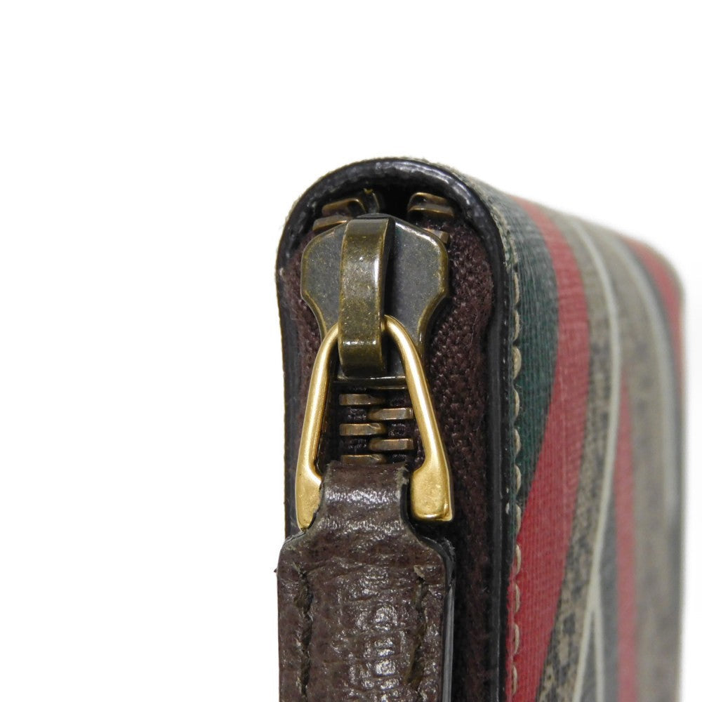 GUCCI Coin case 429232 GG Supreme canvas (polyurethane processing) x Calfskin leather beige Chevron Web Stripe Green GG Supreme compact zip around wallet unisex(Unisex) Used