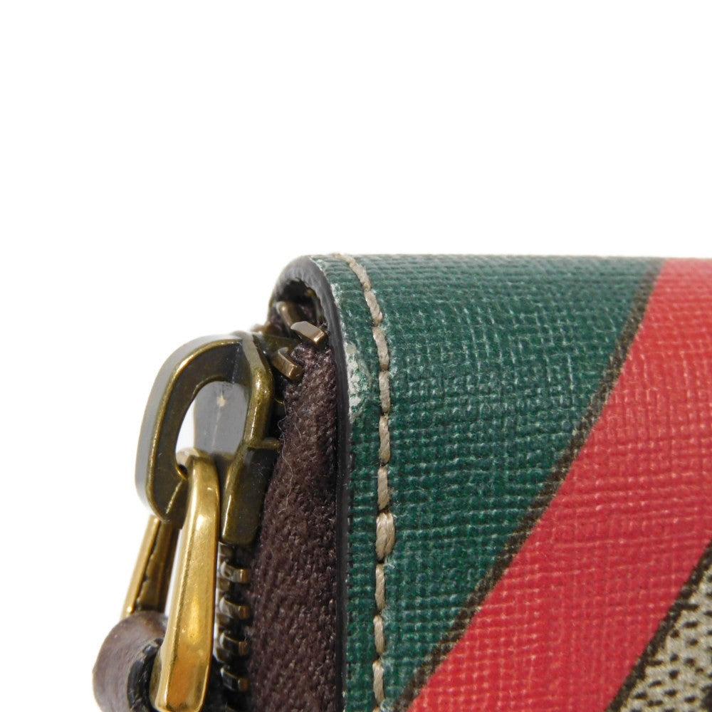 GUCCI Coin case 429232 GG Supreme canvas (polyurethane processing) x Calfskin leather beige Chevron Web Stripe Green GG Supreme compact zip around wallet unisex(Unisex) Used