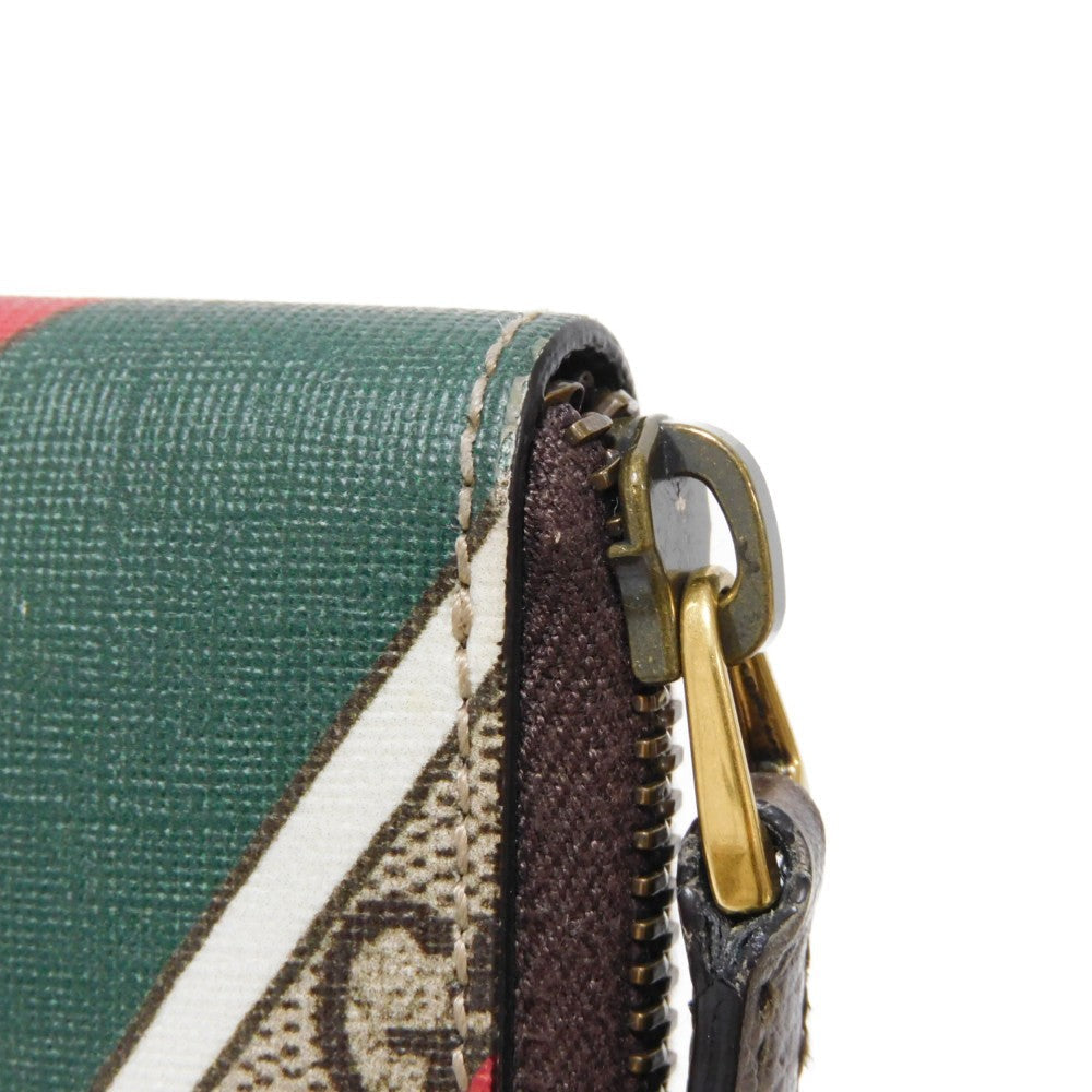 GUCCI Coin case 429232 GG Supreme canvas (polyurethane processing) x Calfskin leather beige Chevron Web Stripe Green GG Supreme compact zip around wallet unisex(Unisex) Used