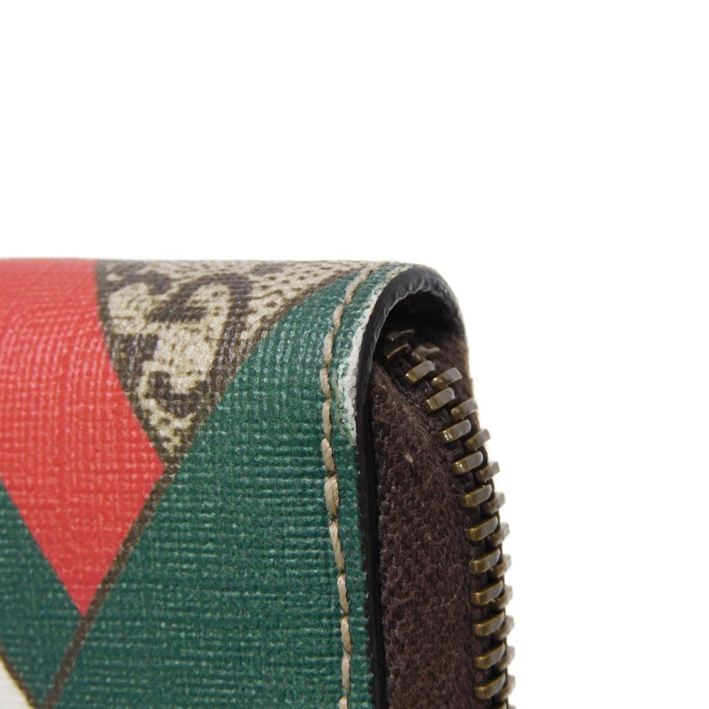 GUCCI Coin case 429232 GG Supreme canvas (polyurethane processing) x Calfskin leather beige Chevron Web Stripe Green GG Supreme compact zip around wallet unisex(Unisex) Used