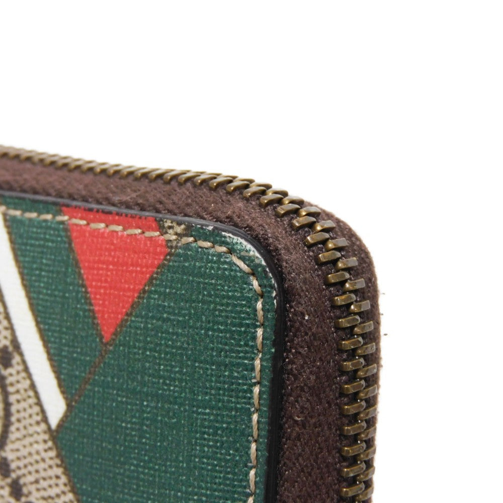 GUCCI Coin case 429232 GG Supreme canvas (polyurethane processing) x Calfskin leather beige Chevron Web Stripe Green GG Supreme compact zip around wallet unisex(Unisex) Used