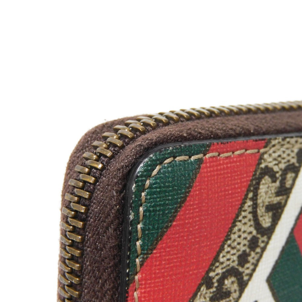 GUCCI Coin case 429232 GG Supreme canvas (polyurethane processing) x Calfskin leather beige Chevron Web Stripe Green GG Supreme compact zip around wallet unisex(Unisex) Used