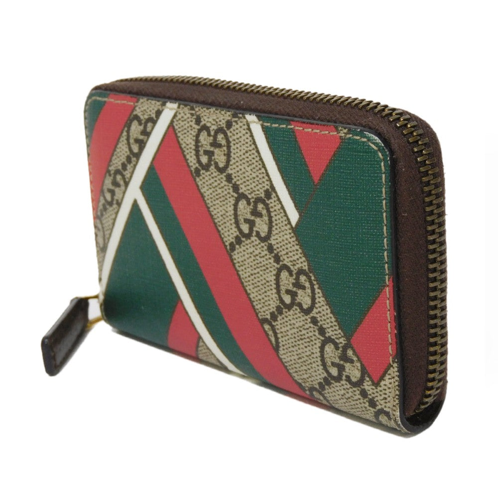 GUCCI Coin case 429232 GG Supreme canvas (polyurethane processing) x Calfskin leather beige Chevron Web Stripe Green GG Supreme compact zip around wallet unisex(Unisex) Used