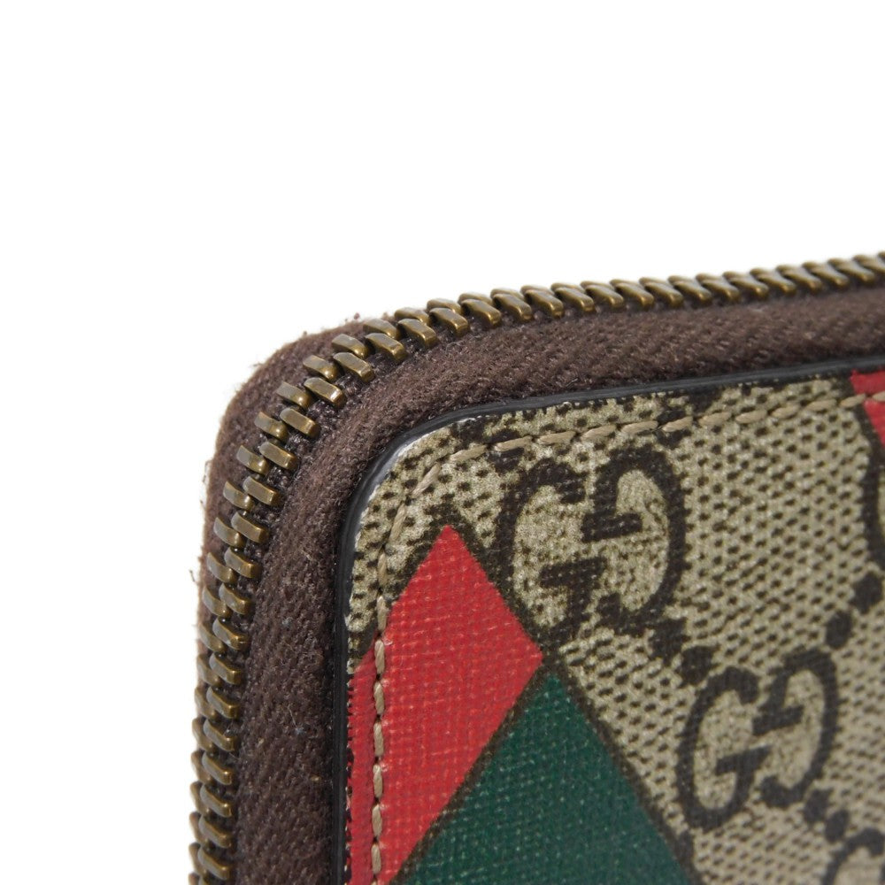 GUCCI Coin case 429232 GG Supreme canvas (polyurethane processing) x Calfskin leather beige Chevron Web Stripe Green GG Supreme compact zip around wallet unisex(Unisex) Used