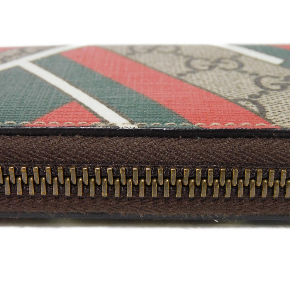 GUCCI Coin case 429232 GG Supreme canvas (polyurethane processing) x Calfskin leather beige Chevron Web Stripe Green GG Supreme compact zip around wallet unisex(Unisex) Used