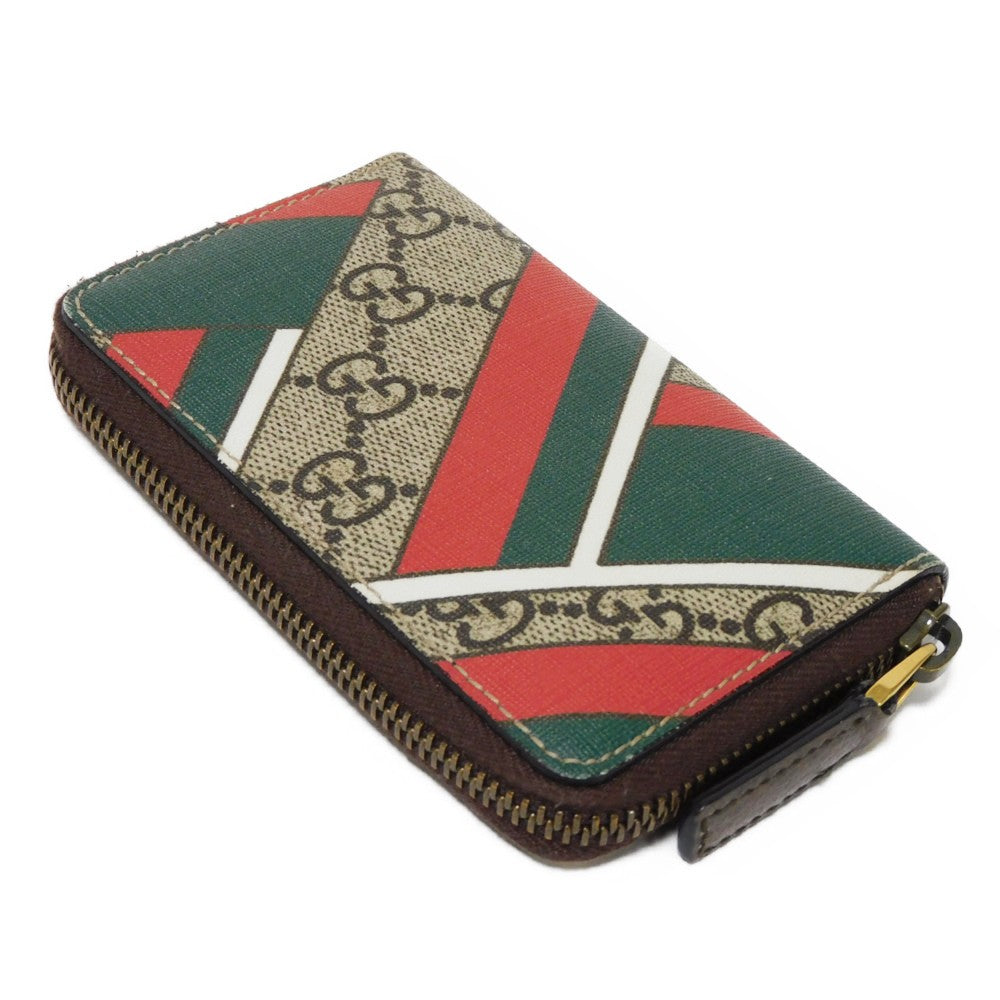 GUCCI Coin case 429232 GG Supreme canvas (polyurethane processing) x Calfskin leather beige Chevron Web Stripe Green GG Supreme compact zip around wallet unisex(Unisex) Used
