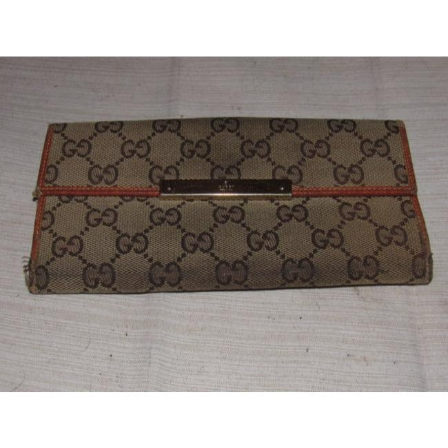 Gucci Brown Large G Logo Print Canvas And Orange Brown Leather Vintage Wallet