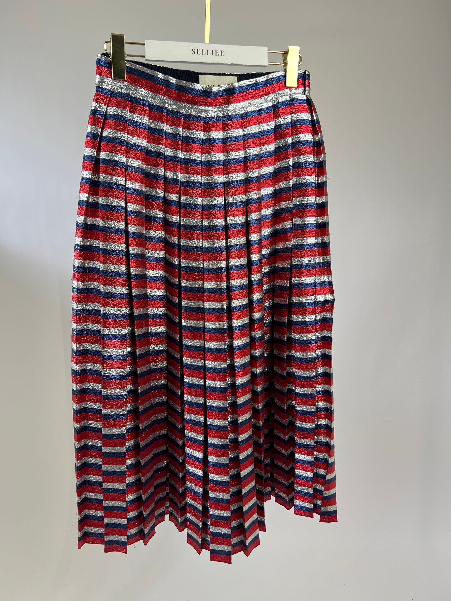 Gucci Metallic Red, Navy, Silver Stripe Pleated Midi Skirt Size IT 42 (UK 10)