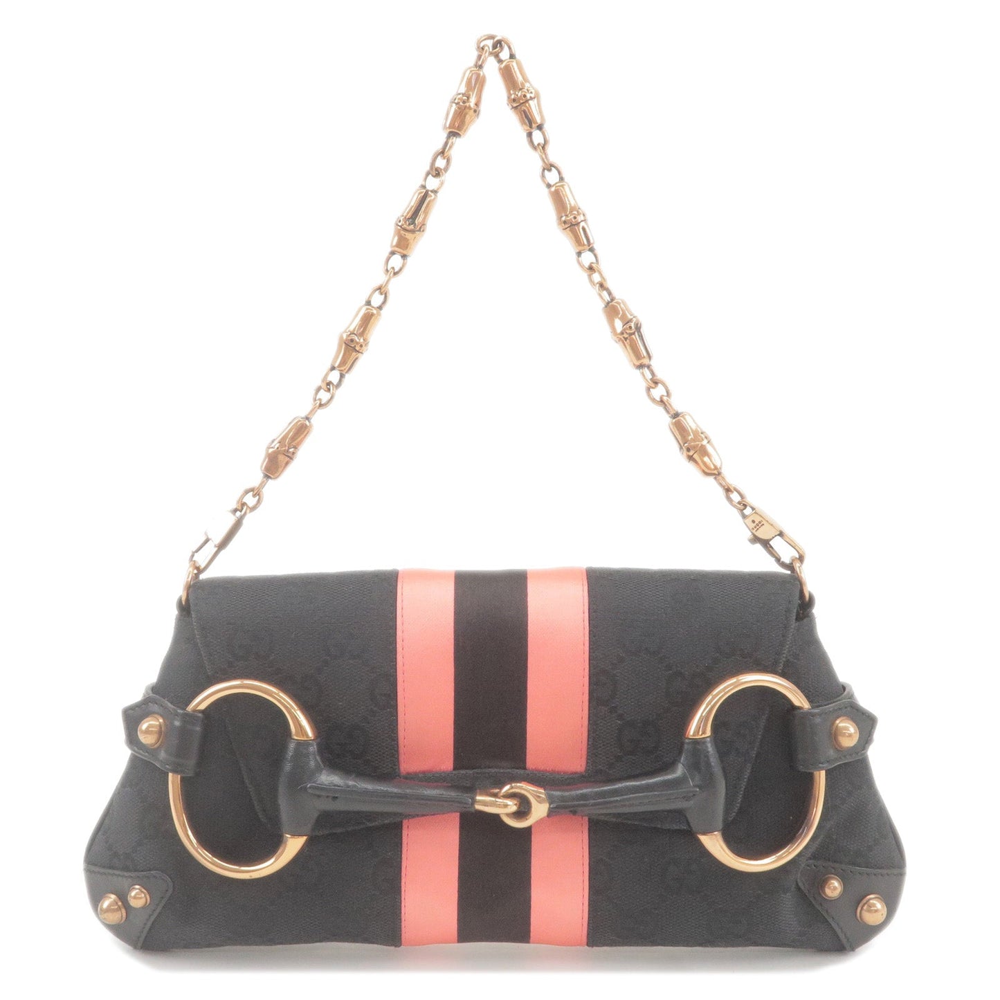 GUCCI Bamboo Horsebit GG Canvas Leather Shoulder Bag Black 129497