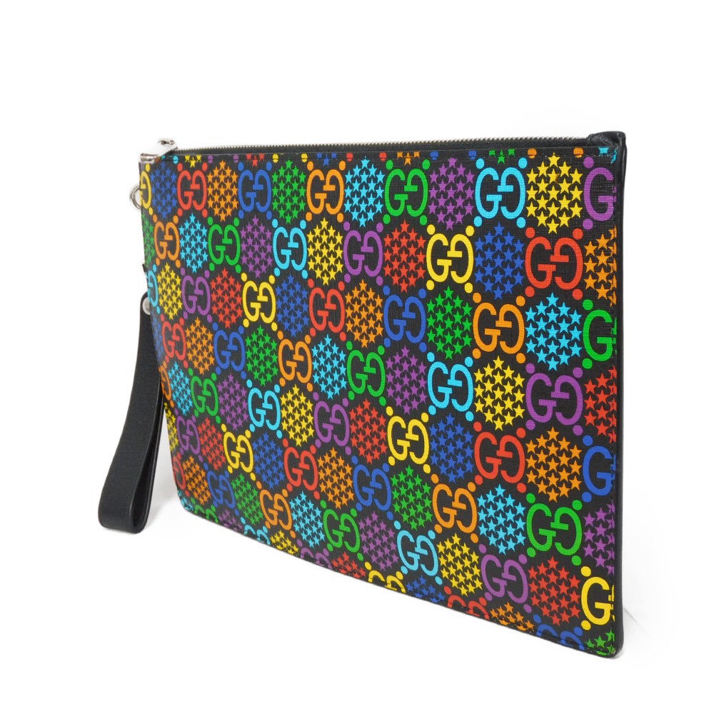 GUCCI Clutch bag 601087 H20BN 1058 GG psychedelic canvas x calf leather (embossed) multicolor Star Double G Black Handle Strap Business Bag GG Psychedelic Pouch mens Used