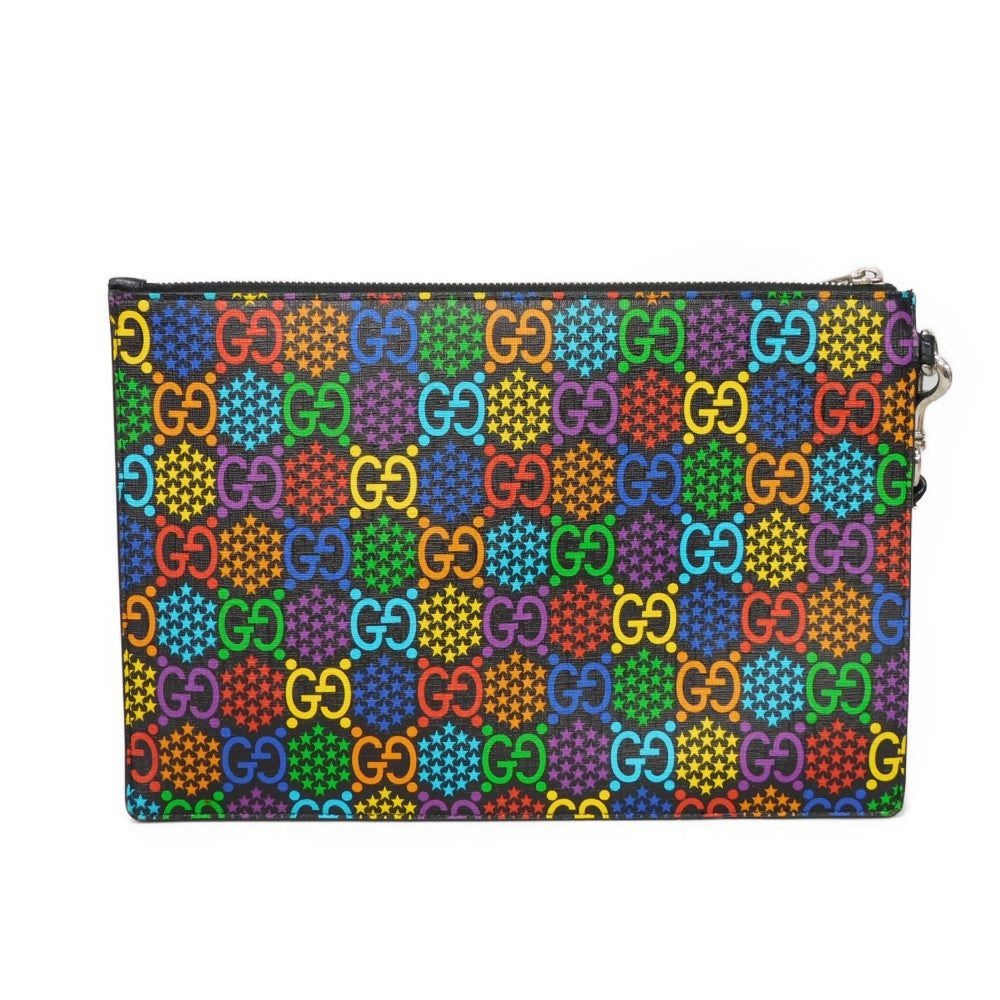 GUCCI Clutch bag 601087 H20BN 1058 GG psychedelic canvas x calf leather (embossed) multicolor Star Double G Black Handle Strap Business Bag GG Psychedelic Pouch mens Used