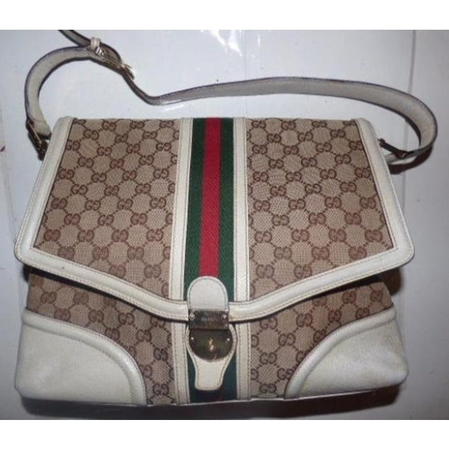Gucci Vintage Pursesdesigner Purses White And Brown With Red And Green Leather Canvas Satchel