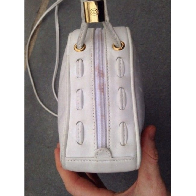 Gucci Vintage Pursesdesigner Purses White Canvas With Small G Logo And Leather Coated Shoulder Bag