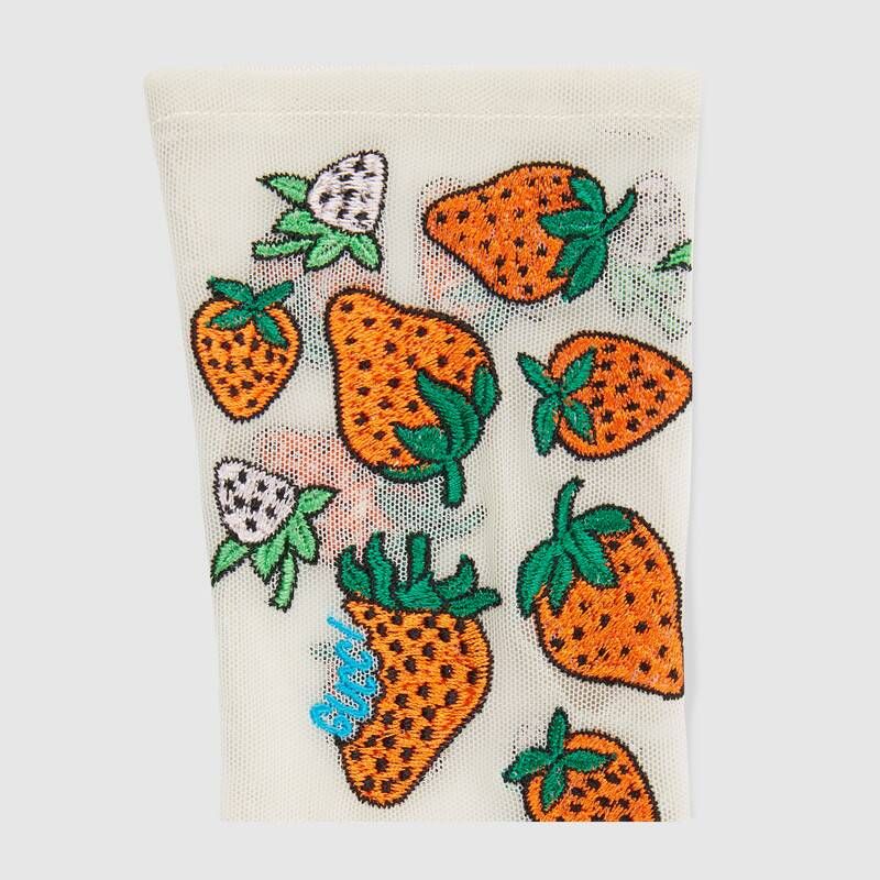 Gucci Tulle Strawberry Embroidered Gloves in White