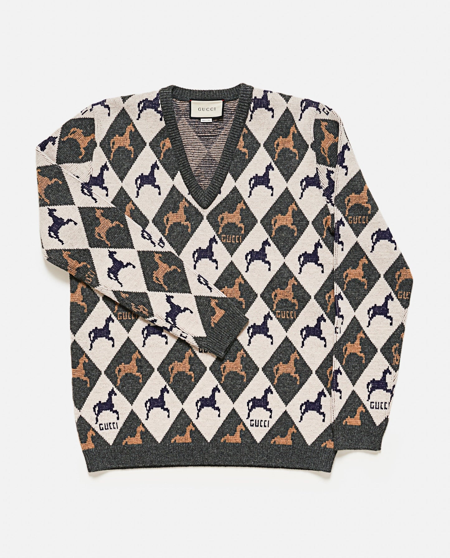 Gucci Equestrian Diamond Jacquard Sweater in Gray and White