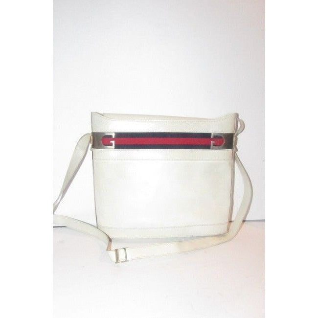 Gucci White Hard Boxy Leather Bucket Bag w red/blue stripe
