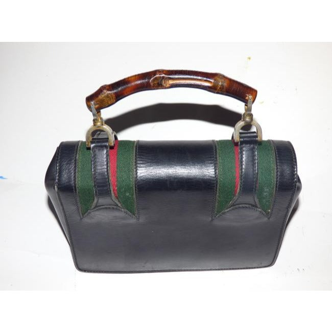 Gucci Buckle Top Bag W And Redgreen Stripes Blackredgreenbamboo Handle Leather Satchel