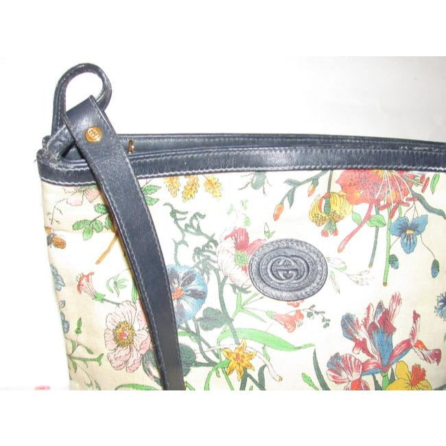 Gucci Garden Souvenir Vintage Pursesdesigner Purses Floral Print Canvas And Navy Blue Leather Satche