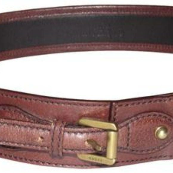Gucci Brown Leather & Burgundy Velvet Belt w Brass Equestrian Buckle