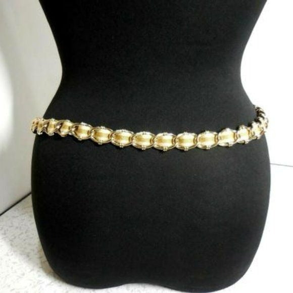 Amazing, Gucci Gold Tone Chain with a Yellow & White Striped Ribbon Woven Throughout with White Leather