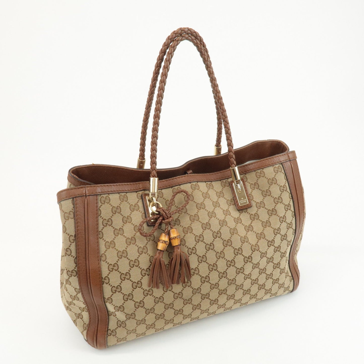 GUCCI Bamboo GG Canvas Leather Tote Bag Beige Brown 269954