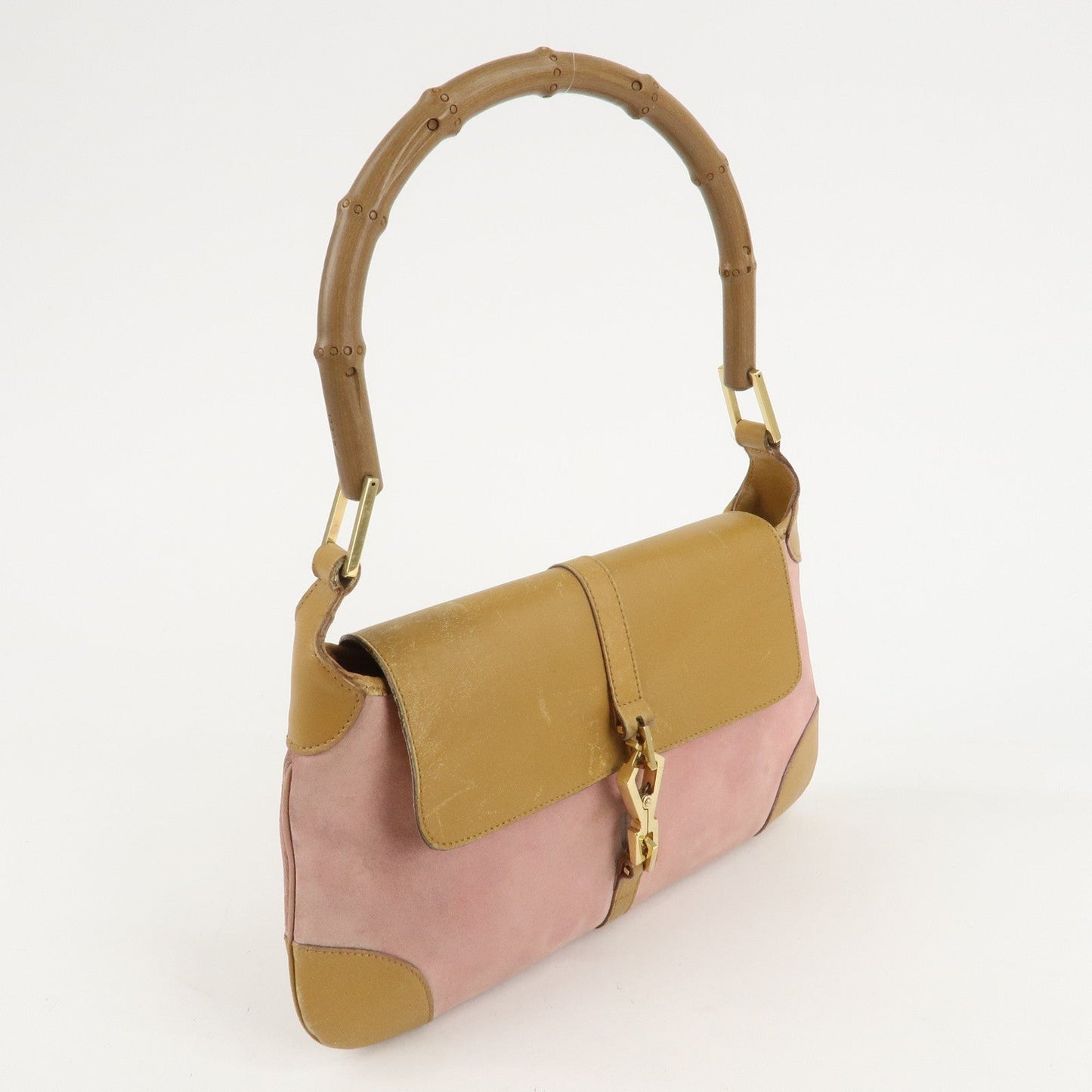 GUCCI Bamboo Suede Leather Shoulder Bag Pink Beige 001.4096.1705