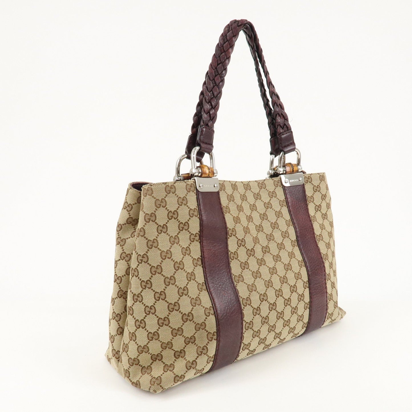 GUCCI Bamboo Bar GG Canvas Leather Tote Bag Beige Brown 232947