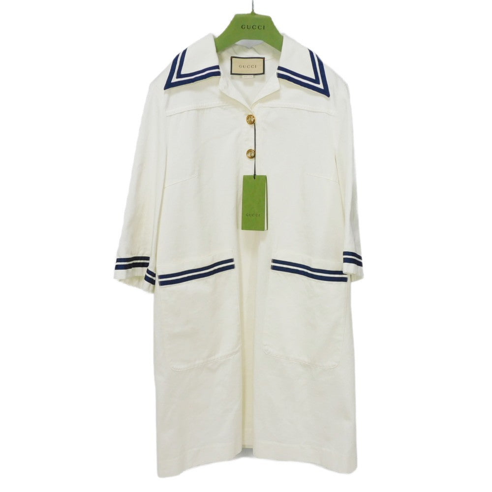 GUCCI one piece 691890 XDBX3 9133 cotton Ivoryx navy Interlocking G Striped trim cotton dress Women 38 Used