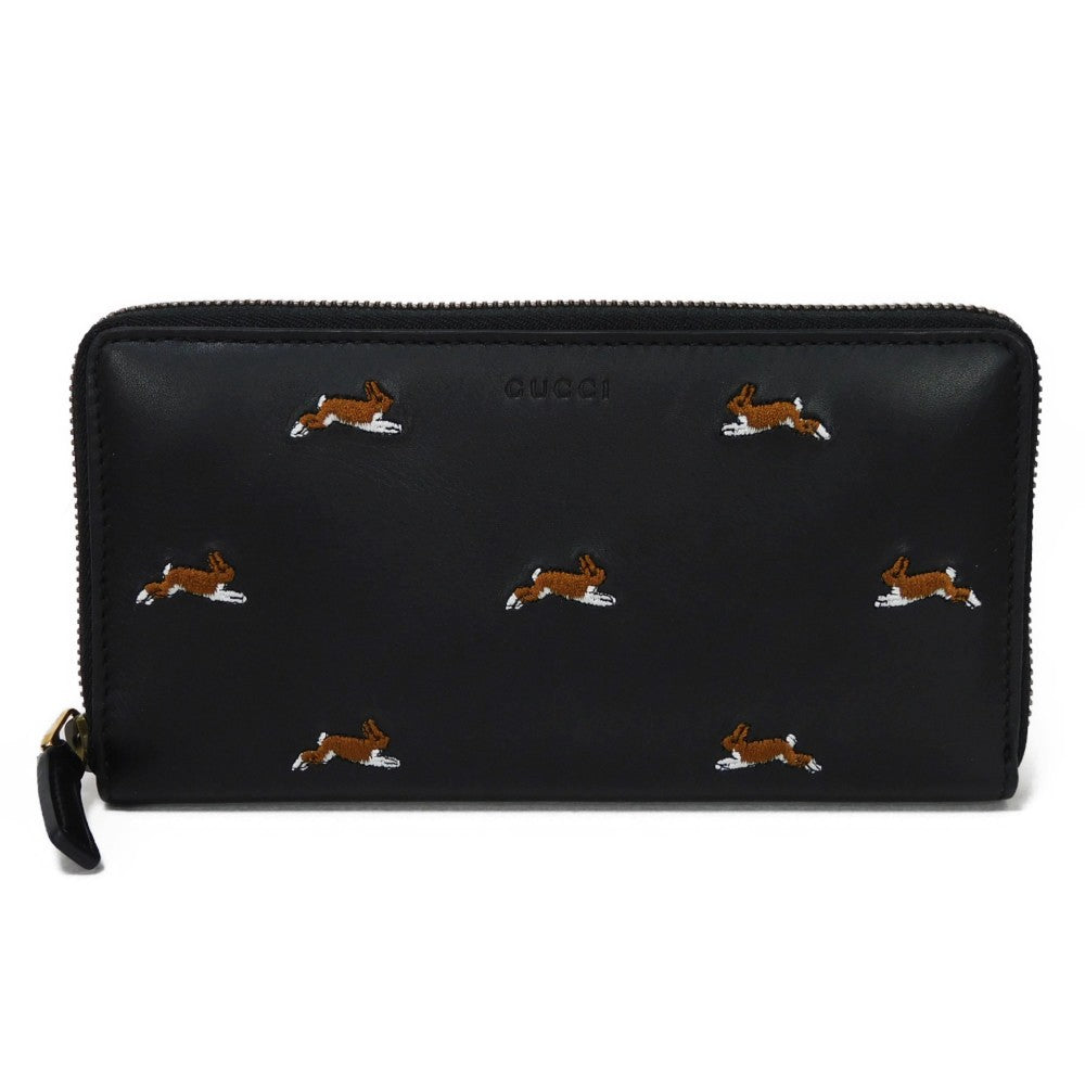 GUCCI Long Wallet Purse 428785 Smooth Calfskin Leather black Logo embossing Rabbit embroidered zip-around wallet Women(Unisex) Used