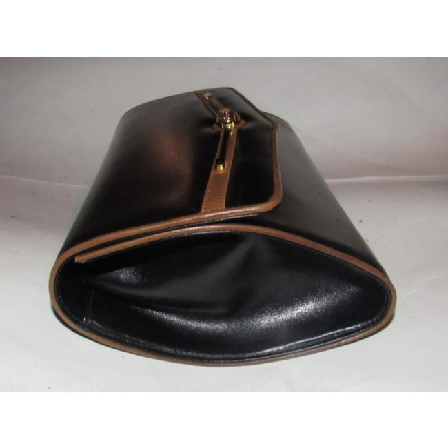 Gucci Vintage Pursesdesigner Purses Glossy Black Leather With Brown Leather Trim And Gold Equestrian