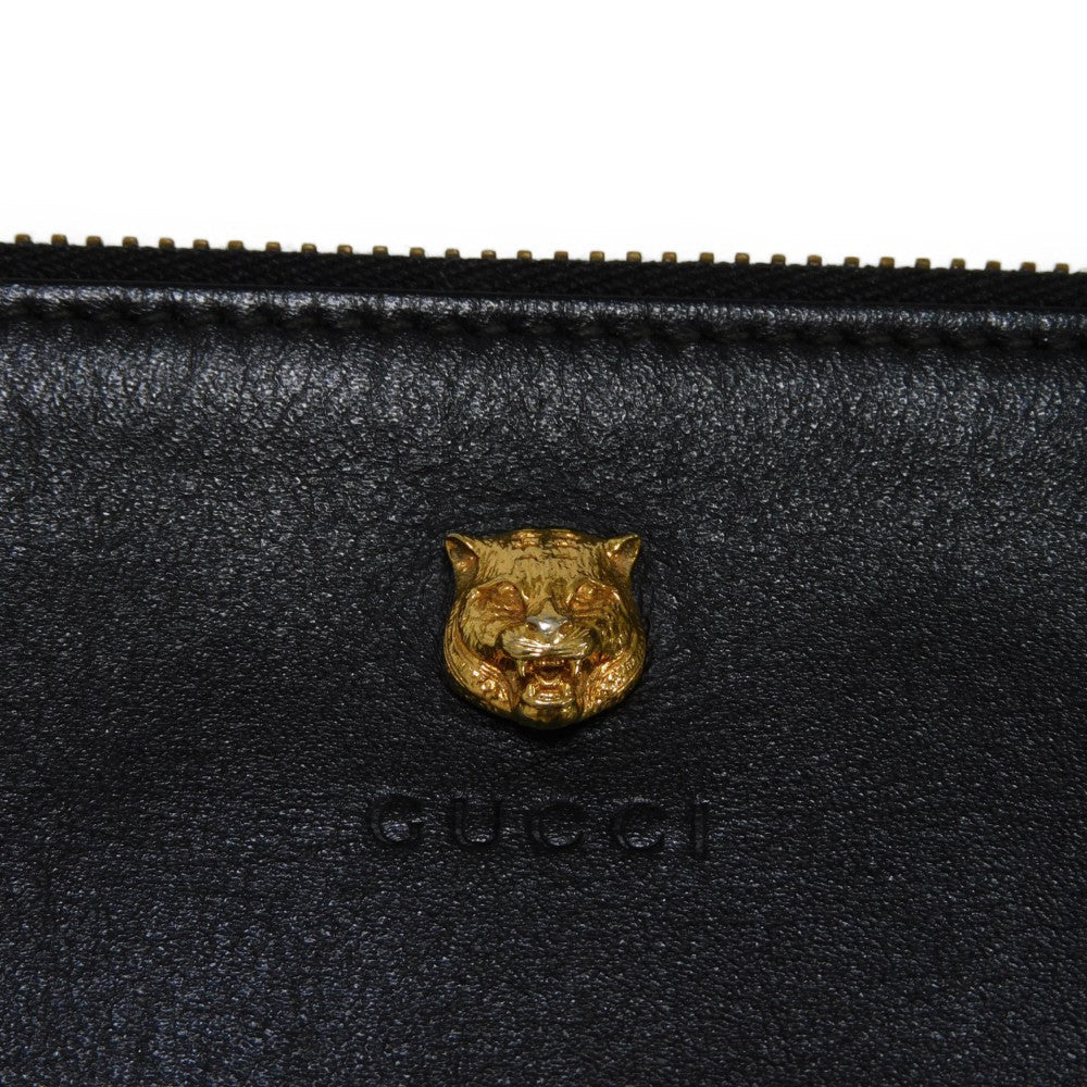 GUCCI Clutch bag 428724 AP00T 1000 Smooth Calfskin Leather black Logo embossing Animalier Cat Tiger Pouch mens Used