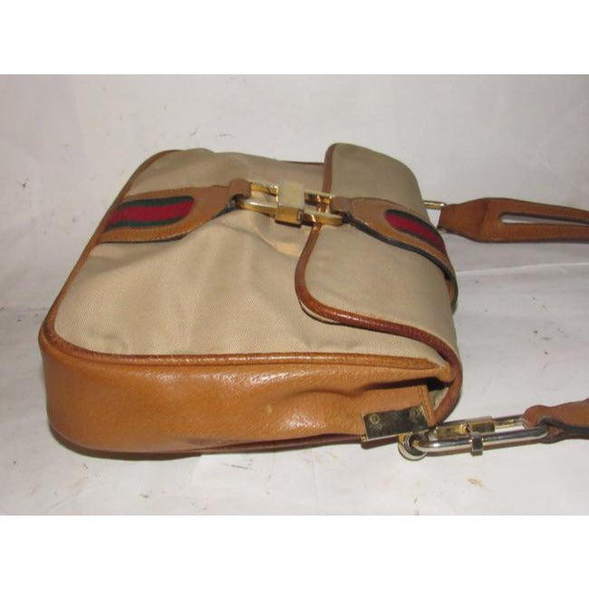 Gucci Tan & Brown Leather Jackie Satchel w Red & Green Sherry Stripe