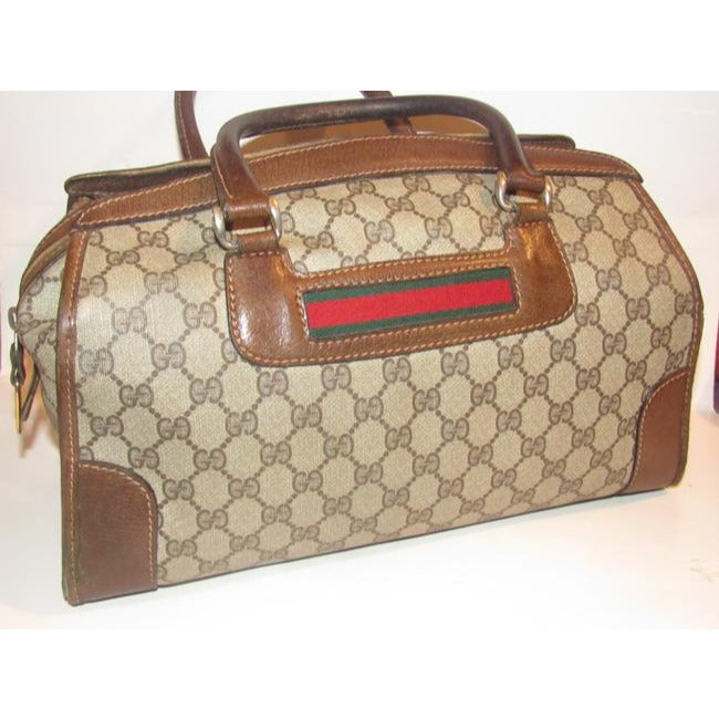 Gucci Xl W Guccissima Print Canvasleather Stripe Brown Coated Canvas And Leather Satchel