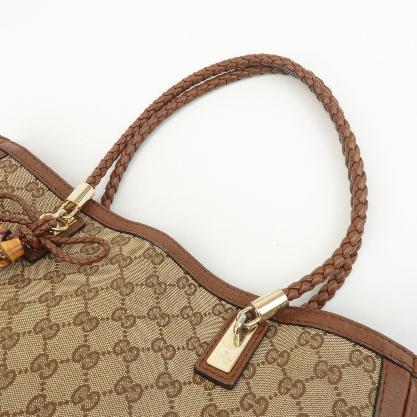 GUCCI Bamboo GG Canvas Leather Tote Bag Beige Brown 269954