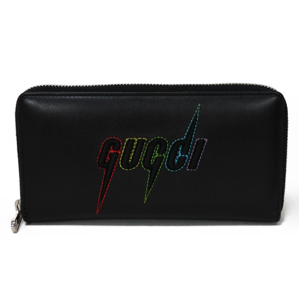 GUCCI Long Wallet Purse 597677 DTDTN 1058 Smooth Calfskin Leather black Logo embossing Blade Embroidery Zip Around Wallet mens Secondhand