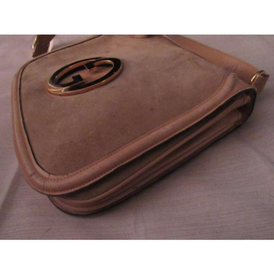 light greyish taupe suede and ivory leather, Gucci 'Blondie', saddle bag, envelope top, shoulder bag with a large, open gold 'GG' emblem