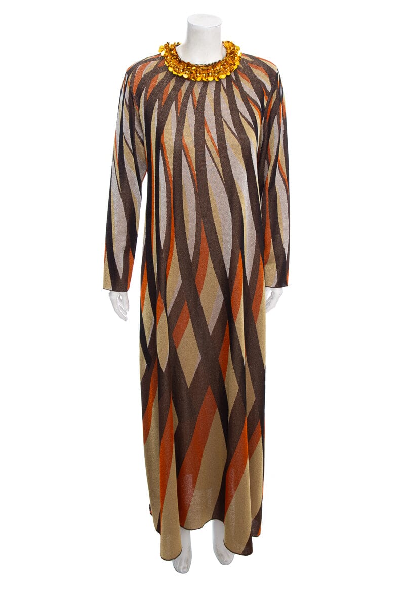 Gucci Brown & Metallic Geometric Printed Long Dress SZ XS