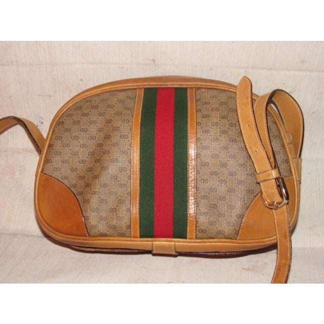 Gucci Gucci, unique, RARE, camel leather & brown small G logo, coated canvas, top zip, camera bag/bowler style, cross body