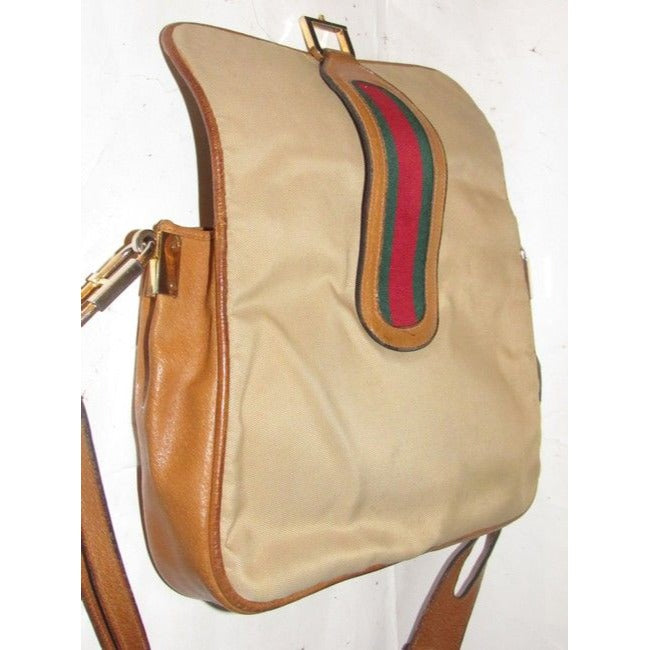 Gucci Tan & Brown Leather Jackie Satchel w Red & Green Sherry Stripe