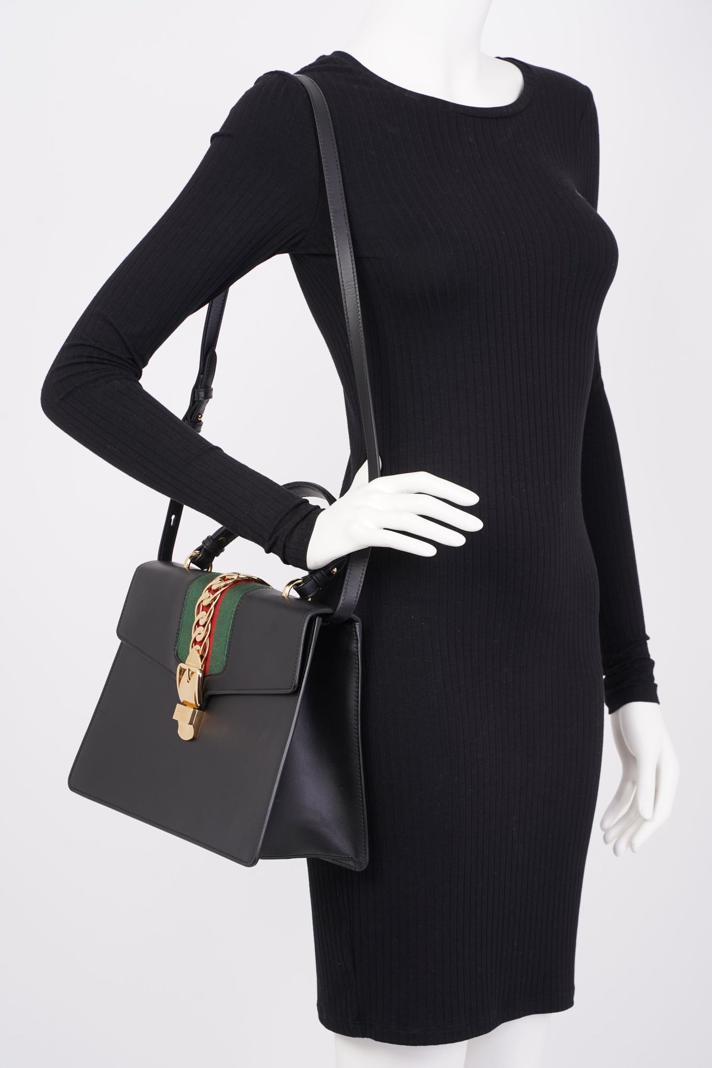 Gucci Sylvie Satchel Black / Gucci Stripe Calfskin Leather Medium