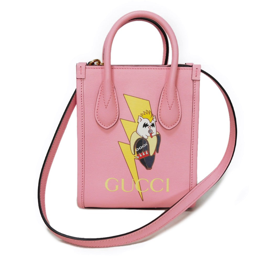 GUCCI Handbag 671623 Textured leather Light pink logo Bananya Mini Tote Women Used