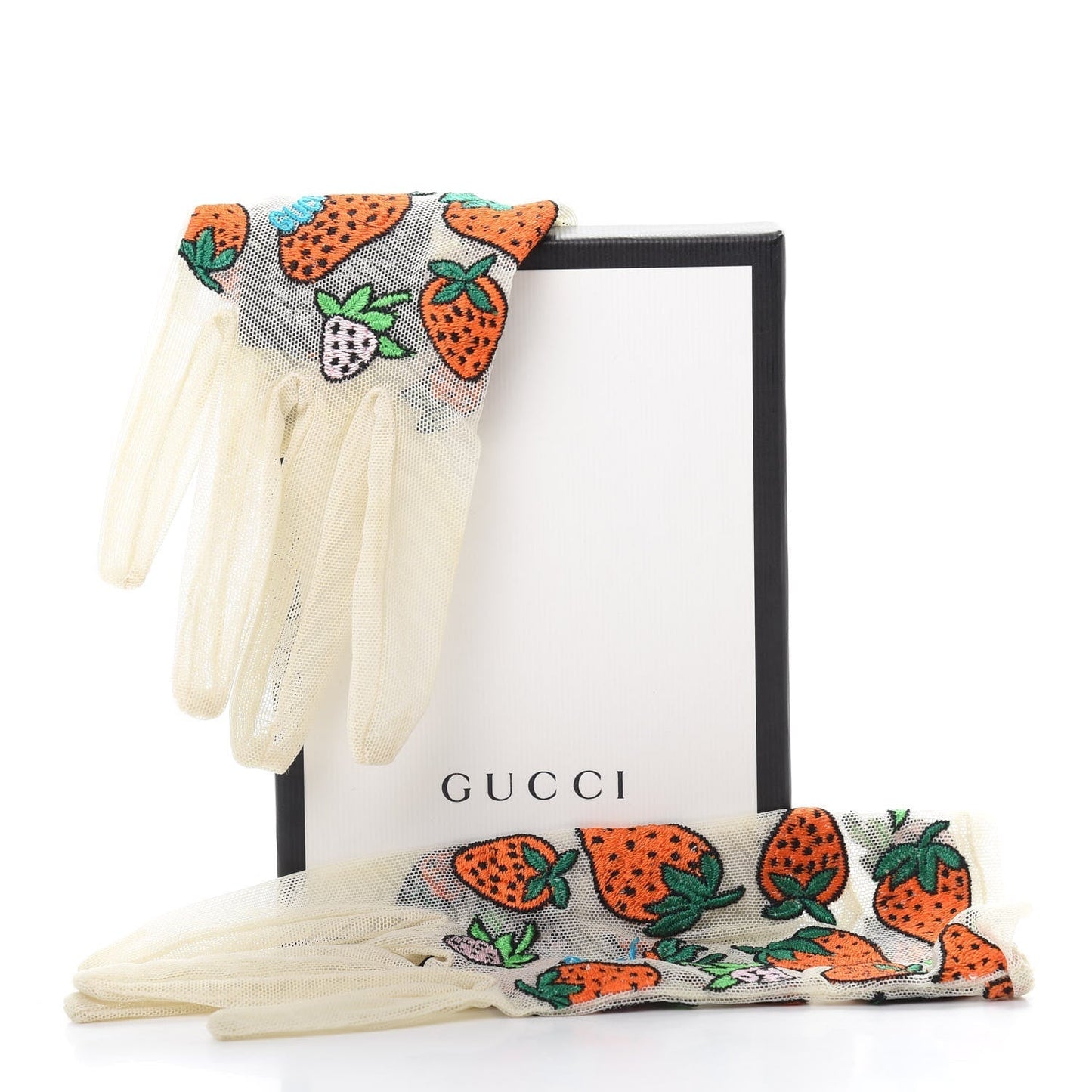 Gucci Tulle Strawberry Embroidered Gloves in White