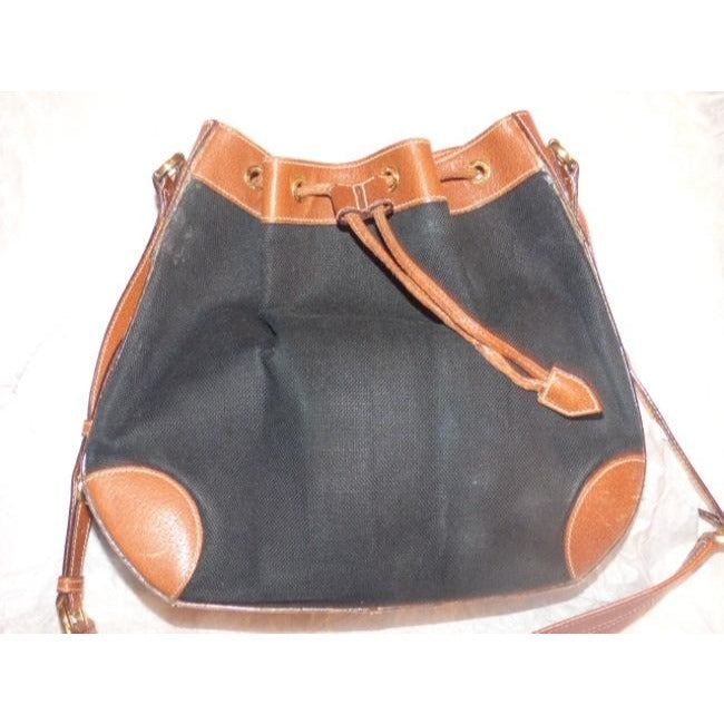 Gucci Black Linen And Camel Leather Bucket Bag With Equestrian Strap