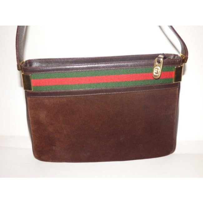 Gucci Vintage Pursesdesigner Purses Brown Suede And Leather With Red And Green Striped Top Hobo Bag