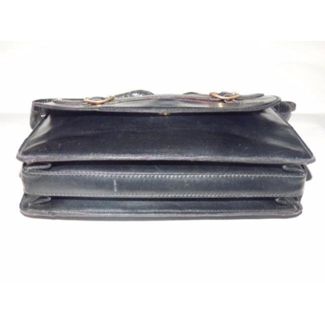 Gucci, black, glossy leather, large, multiple compartment, envelope top, shoulder bag with inlaid red/blue stripe and buckles & unique strap