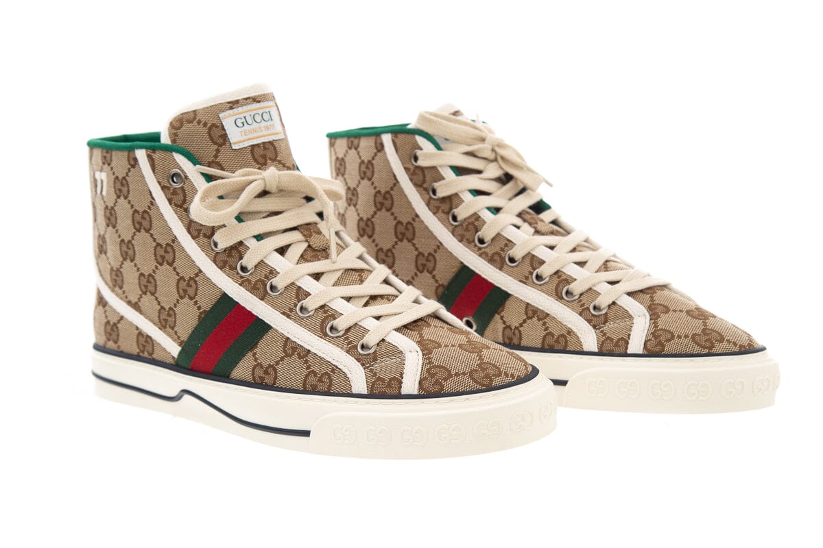 Gucci Tennis 1977 Brown Monogram High Top Sneakers SZ 40